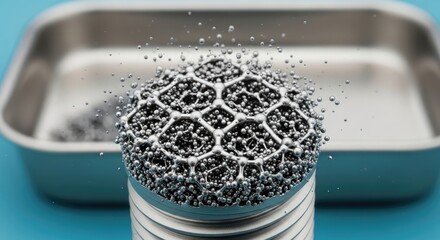 A macro shot depicts a metallic, honeycomb-like structure exploding upwards from a cylindrical base, with a silver container in the background and a turquoise surface. Small droplets are dispersed