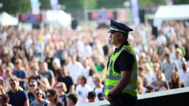 Security officer monitoring crowd at outdoor summer festival in daylight, public safety and event management with vigilant supervision and risk prevention for large gathering