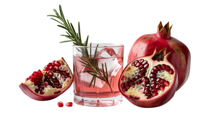 Refreshing pomegranate cocktail with rosemary sprig and ice, perfect for summer refreshment and healthy lifestyle promotions, add a vibrant touch to your visuals