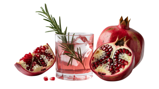 Refreshing pomegranate cocktail with rosemary sprig and ice, perfect for summer refreshment and healthy lifestyle promotions, add a vibrant touch to your visuals