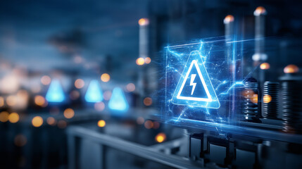 Digital interface showing cyber attack warning, defocused electrical grid background, security risk alert, power infrastructure threat, vulnerability detection concept, critical sy