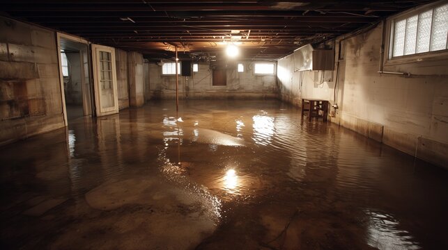 Waterlogged basement floor with standing water reflecting ceiling beams, concrete floor, cinderblock wall, small windows, concept, basement waterproofing need.