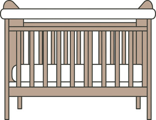 Simple wooden crib with white bedding, ready for a baby's arrival