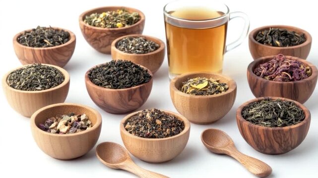 Video Assorted tea cups and utensils arranged in wooden bowls