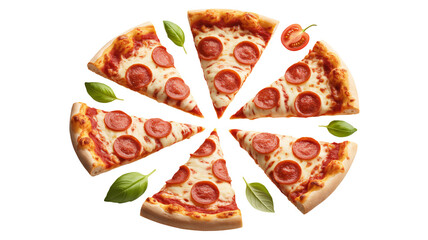 Delicious pepperoni pizza slices ready to share, inviting friends and family for a tasty meal with fresh basil and tomato, capturing Italian flavors