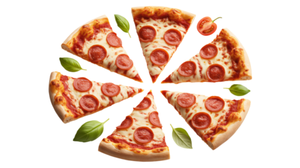Delicious pepperoni pizza slices ready to share, inviting friends and family for a tasty meal with fresh basil and tomato, capturing Italian flavors
