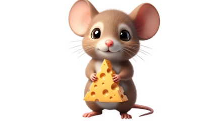 Adorable and cute cartoon baby mouse character with big eyes holding a large triangular piece of swiss cheese, isolated on transparent background