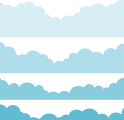 A collection of four stylized cloud silhouette borders in blue and sky-blue shades. Minimal, pastel illustration ideal for background, decorative frames, web headers, or children's designs.