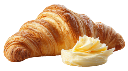 Fresh croissant with creamy butter on a white isolated background.