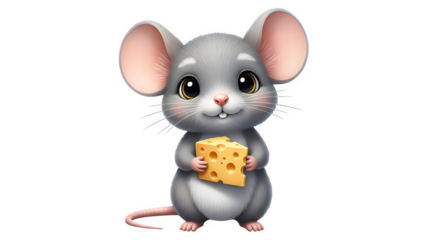Cute adorable cartoon baby mouse character holding a piece of swiss cheese, isolated on transparent background
