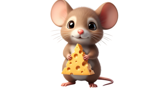 Adorable and cute cartoon baby mouse character with big eyes holding a large triangular piece of swiss cheese, isolated on transparent background