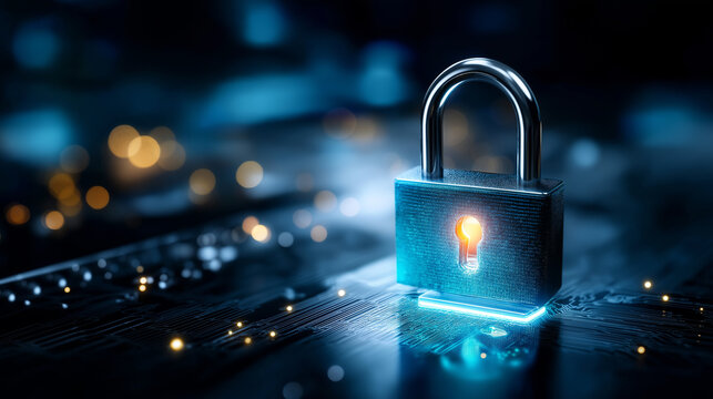 Digital glowing blue lock icon closeup, defocused circuit patterns, cybersecurity concept, data protection technology, encryption visualization, privacy security system, digital sa