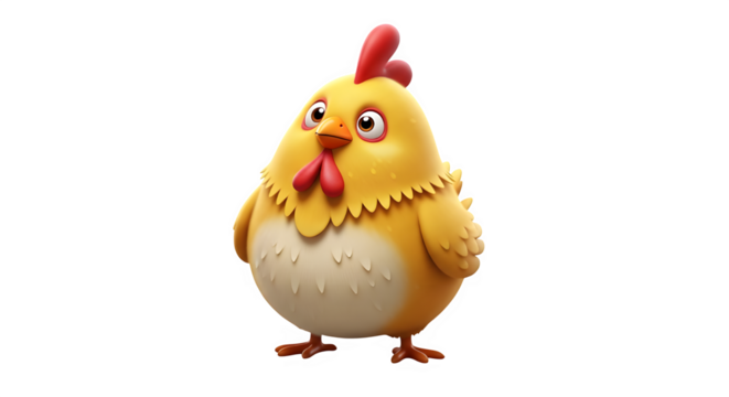 Cute and chubby cartoon baby chick character with yellow feathers, red comb, and wattle, standing and looking forward, isolated on transparent background