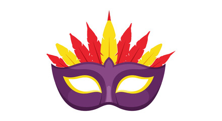 Purple masquerade mask with red and yellow feathers for carnival celebration