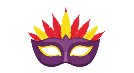 Purple masquerade mask with red and yellow feathers for carnival celebration
