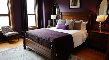 A bold and elegant bedroom with a queen bed, lavender accent walls, and rich wooden details, creating a sophisticated modern look.
