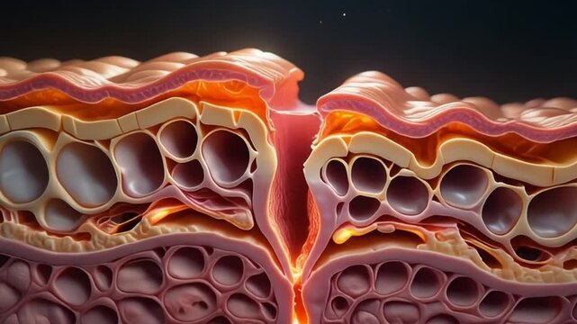 Detailed Medical Animation Depicting Human Skin Wound Healing Process Illustrating Cellular Regeneration and Tissue Repair in Close Up View
