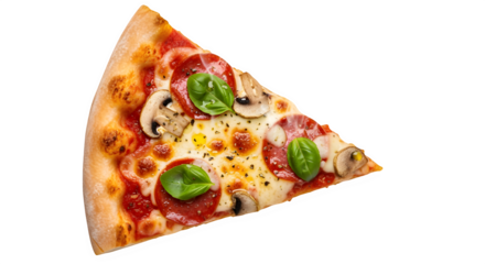 A single, delicious slice of pepperoni and mushroom pizza topped with fresh basil leaves, isolated on transparent background, perfect for food advertising or menu design
