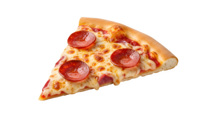 A single, delicious slice of pepperoni pizza with melted cheese and a golden crust, isolated on transparent background, perfect for food advertising or menu design