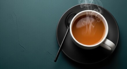 A hot cup of coffee with steam rising sits on a dark saucer with a spoon.
