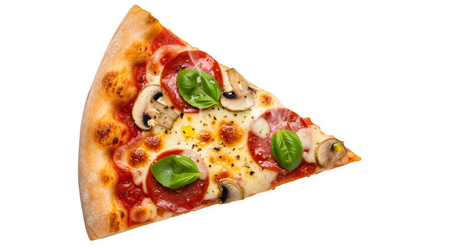 A single, delicious slice of pepperoni and mushroom pizza topped with fresh basil leaves, isolated on transparent background, perfect for food advertising or menu design