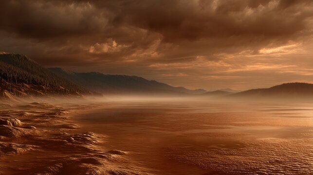 Frozen methane lake titan landscape hazy atmosphere