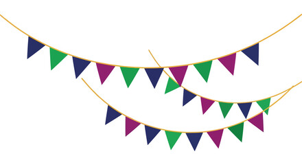 Colorful bunting flags strung on a golden cord for festive decoration