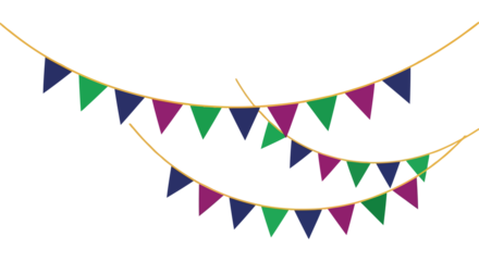 Colorful bunting flags strung on a golden cord for festive decoration
