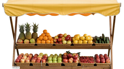 Fresh fruits and vegetables displayed at market stall create healthy lifestyle concept with pineapples, oranges, apples, raspberries, cucumbers and lemons