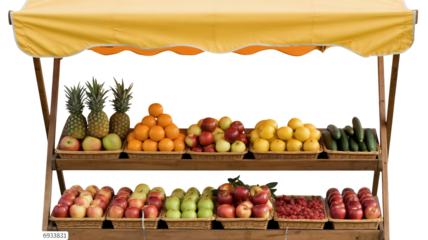 Fresh fruits and vegetables displayed at market stall create healthy lifestyle concept with pineapples, oranges, apples, raspberries, cucumbers and lemons