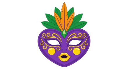 Ornate purple heart-shaped masquerade mask with feathers and gold swirls