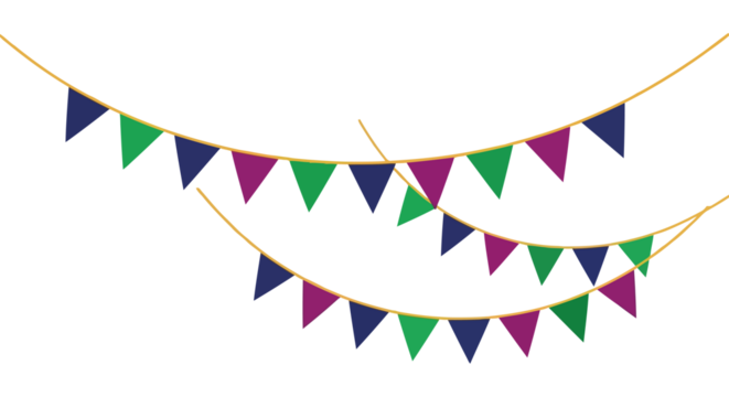 Colorful bunting flags strung on a golden cord for festive decoration