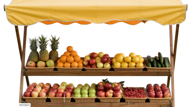 Fresh fruits and vegetables displayed at market stall create healthy lifestyle concept with pineapples, oranges, apples, raspberries, cucumbers and lemons