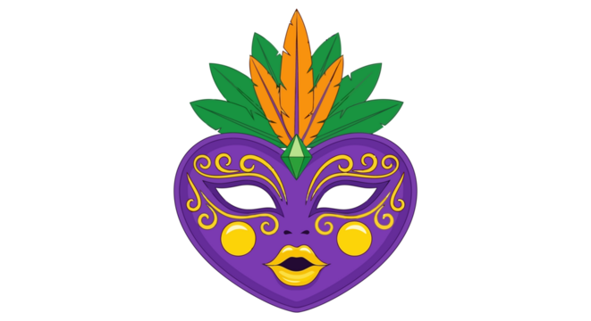 Ornate purple heart-shaped masquerade mask with feathers and gold swirls - Powered by Adobe