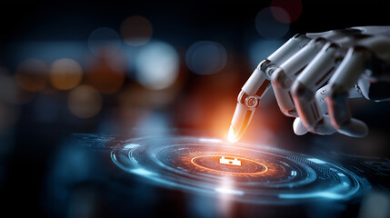 Robot hand pressing virtual lock button, defocused futuristic interface, cybersecurity concept, automated data protection, AI security technology, digital defense system, with copy