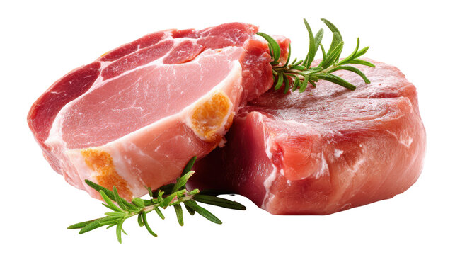 Fresh meat cuts with sprigs of rosemary on a white isolated background.