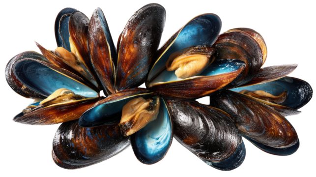 Fresh mussels isolated on white background, showcasing their vibrant colors and unique shell patterns.