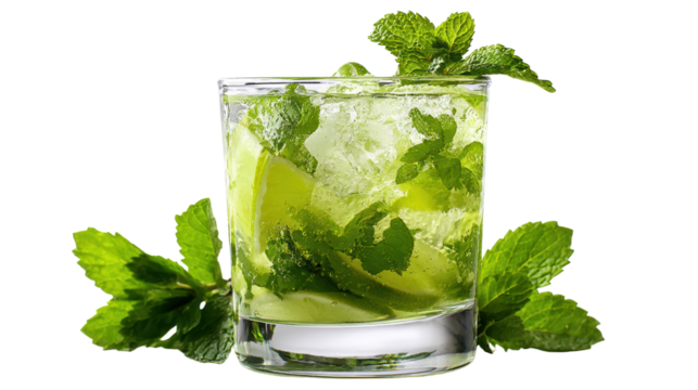 Fresh mojito cocktail with mint leaves, lime, and ice on white isolated background.