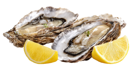 Fresh oysters with lemon slices on a white isolated background.