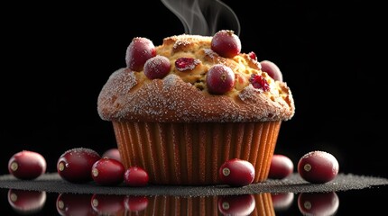 a freshly baked cranberry muffin with a generous topping of sugar and a few loose cranberries scattered around it