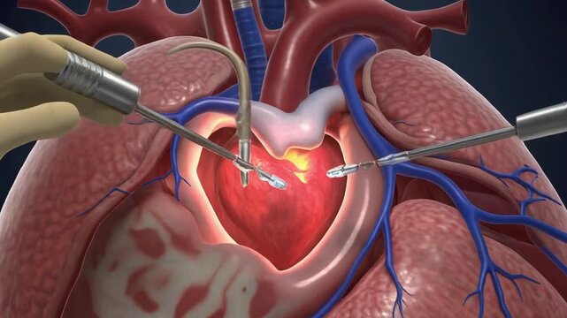 Detailed Medical Animation Of Heart Valve Surgery Procedure In A Realistic Human Anatomy Model With Surgical Instruments illuminated in dramatic lighting and a