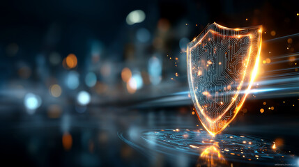 Futuristic glowing shield emblem with circuits, defocused digital patterns, cybersecurity concept, data protection technology, network defense visualization, security infrastructur