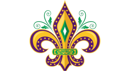 Ornate Fleur de Lis symbol in purple, gold, and green with decorative swirls