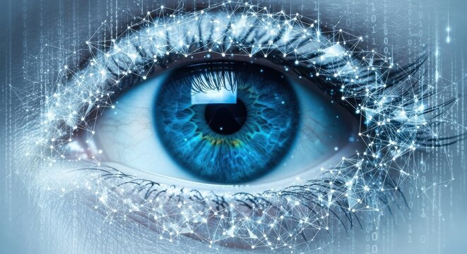 Blue eye with digital network overlay and binary code background.