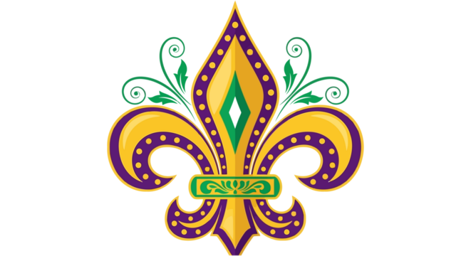 Ornate Fleur de Lis symbol in purple, gold, and green with decorative swirls