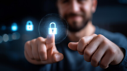 Faceless person entering secure login credentials, defocused encryption elements, data protection concept, password security technology, identity verification system, access contro