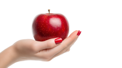 Fresh red apple held in a woman's hand, white isolate background.