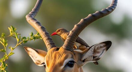 Bird rests on curved horns of an antelope in sunlight.