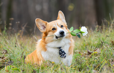 A portrait of a corgi with a rose in the park