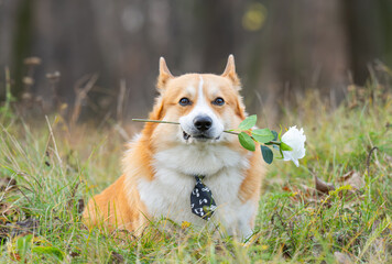 A portrait of a corgi with a rose in the park